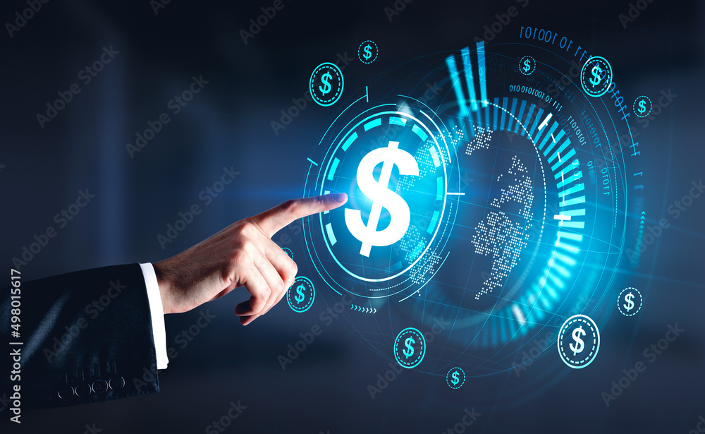 Man finger touch dollar hud, glowing sphere with binary, online payment Man finger touch dollar hud, glowing sphere with binary, online payment
