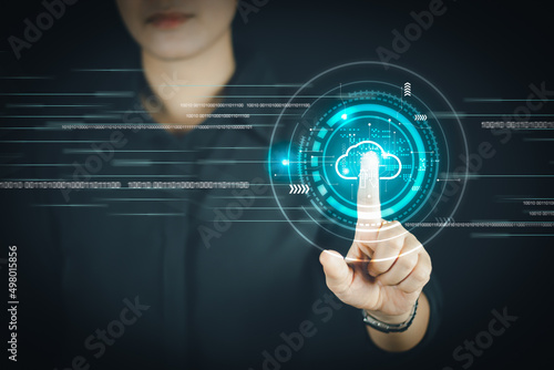 Businesswoman touching virtual monitor, cloud computer storage concept, cloud computing, big data, internet of things, business processes, various storage systems