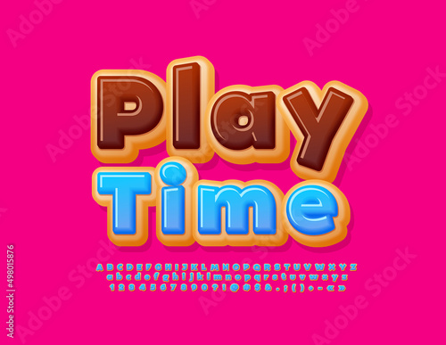 Vector funny emblem Play Time. Delicious Donut Font. Tasty Alphabet Letters, Numbers and Symbols set