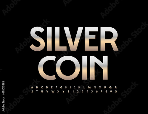 Vector luxury emblem Silver Coin. Elegant aluminum Font. Chrome Alphabet Letters and Numbers set