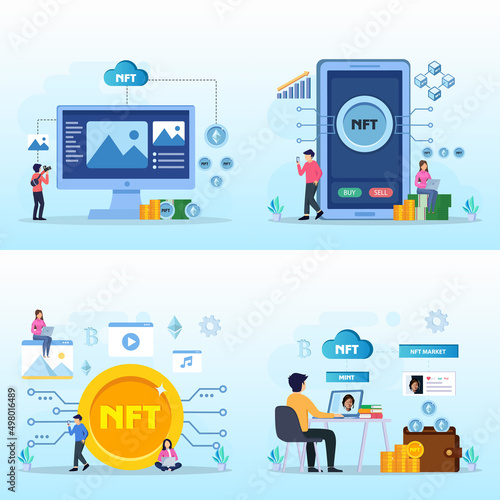 NFT non fungible token, digital crypto art blockchain technology, flat vector illustration,	