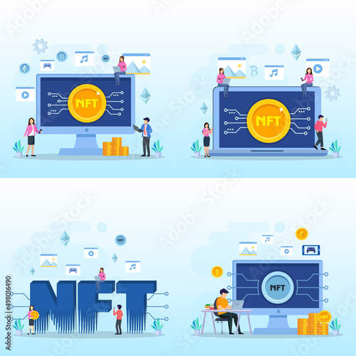 NFT non fungible token, digital crypto art blockchain technology, flat vector illustration,	