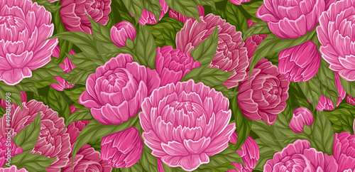 Vector seamless pattern with crowded shrubs with cartoon peony flowers with foliage. Fabric swatch