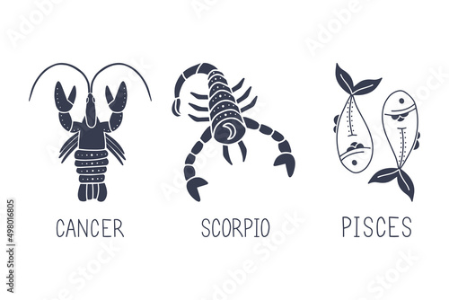 Vector set of water zodiac signs. Symbols 3 signs with inscriptions. Cancer, Scorpio and Pisces. Vector images of zodiac signs for astrology and horoscopes.