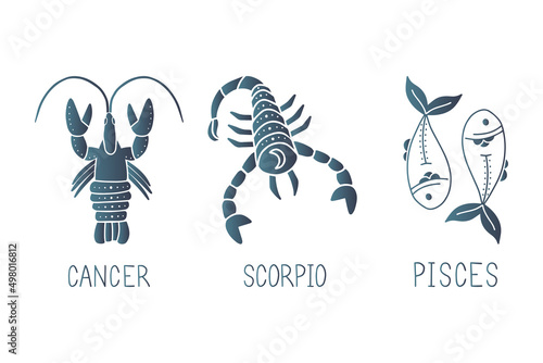 Vector set of water zodiac signs with gradient. Symbols 3 signs with inscriptions. Cancer, Scorpio and Pisces. Vector images of zodiac signs for astrology and horoscopes.