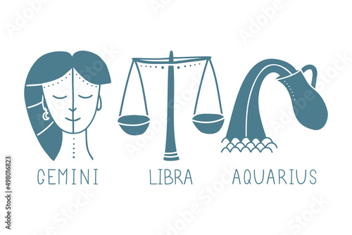 Vector set of air zodiac signs. Symbols 3 signs with inscriptions. Gemini, Libra and Aquarius. Vector images of zodiac signs for astrology and horoscopes.