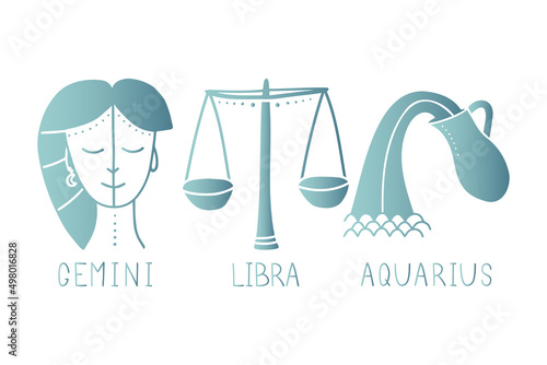 Vector set of air zodiac signs with gradient. Symbols 3 signs with inscriptions. Gemini, Libra and Aquarius. Vector images of zodiac signs for astrology and horoscopes.