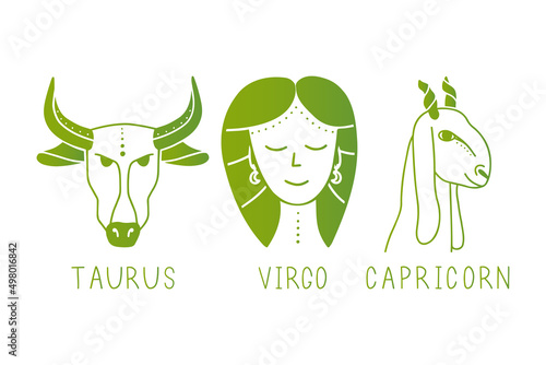 Vector set of earth zodiac signs with gradient. Symbols 3 signs with inscriptions. Taurus, Virgo and Capricorn. Vector images of zodiac signs for astrology and horoscopes.
