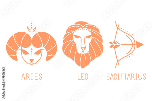 Vector set of fire zodiac signs. Symbols 3 signs with inscriptions. Aries, Leo and Sagittarius. Vector images of zodiac signs for astrology and horoscopes.