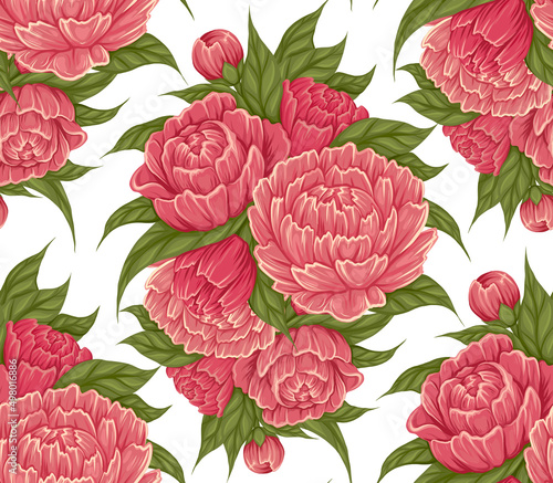 Vector seamless pattern with cartoon bush of peony flowers with foliage on white background. Botany retro texture of natural floral bouquet