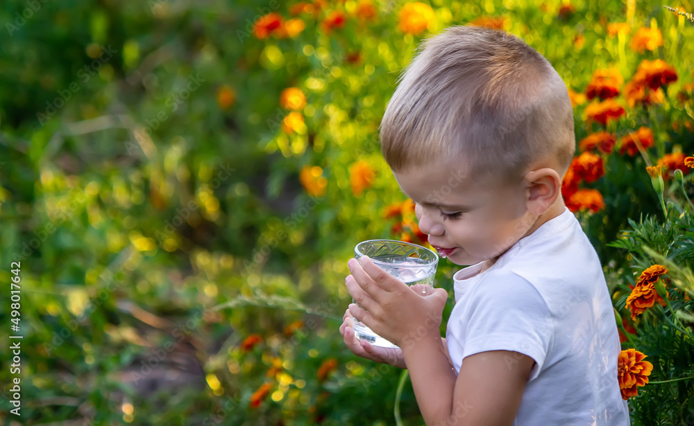 A child drinks water on the background of the field.