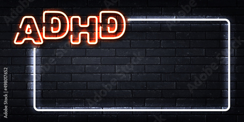 Vector realistic isolated neon sign of ADHD frame logo on the wall background.