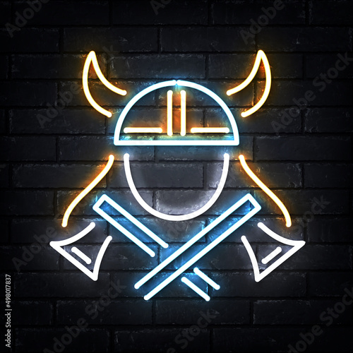 Vector realistic isolated neon sign of Viking logo on the wall background.