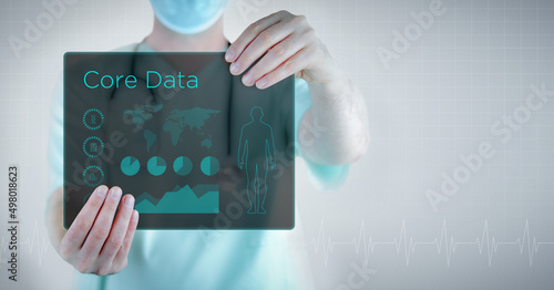 Core Data. Doctor holding virtual letter with text and an interface. Medicine in the future