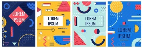 Abstract geometric posters. Memphis banners with minimalistic shapes. Polygon and circle forms. Bright fryers. Curve lines. Squares and triangles composition. Vector brochure covers set