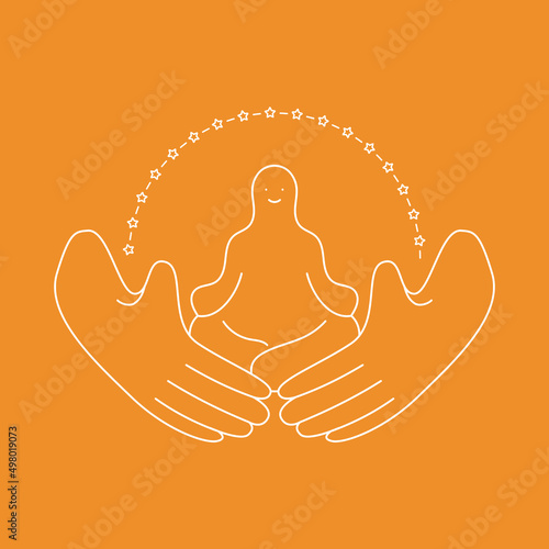 Therapy, psychotherapy. An anthropomorphic image of a person who acquired peace of mind after accepting himself. A philosophical metaphor of personality. Flat linear illustration about mental health
