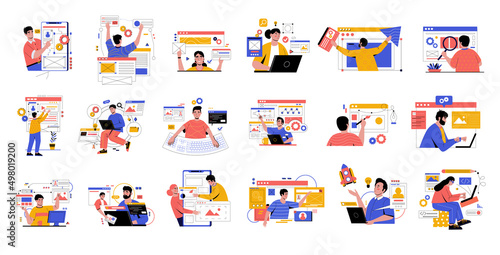 Application development. Cartoon concept with people working on website or software. PC programs developers and designers. Men or women programming apps. Vector isolated programmers set