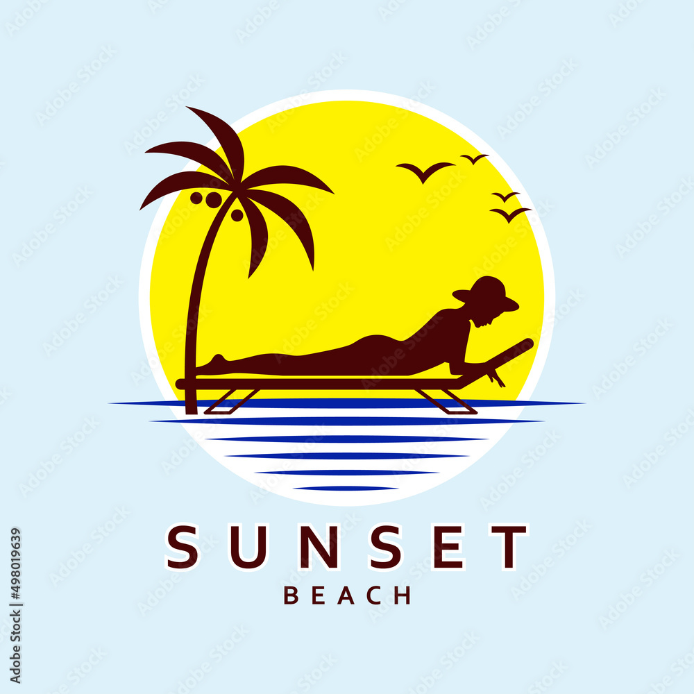 Woman, Sun, Ocean, Beach and Palm Logo. Girl sunbathing at sunset. Summer Beach design on blue background. Vector illustration