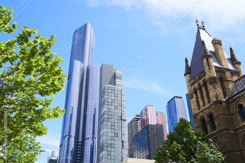 Melbourne city view with traditional and modern buildings background .