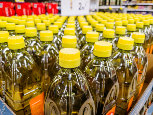 Bottles of sunflower oil in supermarkets