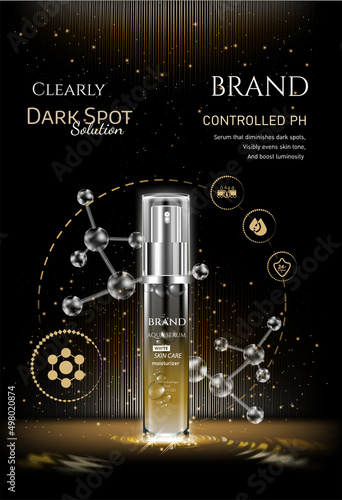 Dark gold essence ads. Skin care with gold light glitter effect and spray bottle, 3d illustration