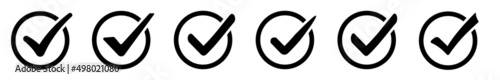 Set of checkmark icons inside a circle isolated on a white background. Black check mark icon. Tick approved symbol. Vector Illustration