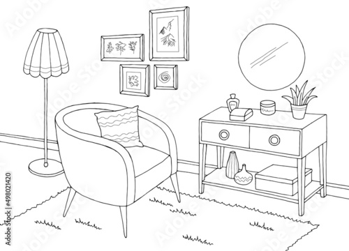 Living room graphic black white home interior sketch illustration vector 