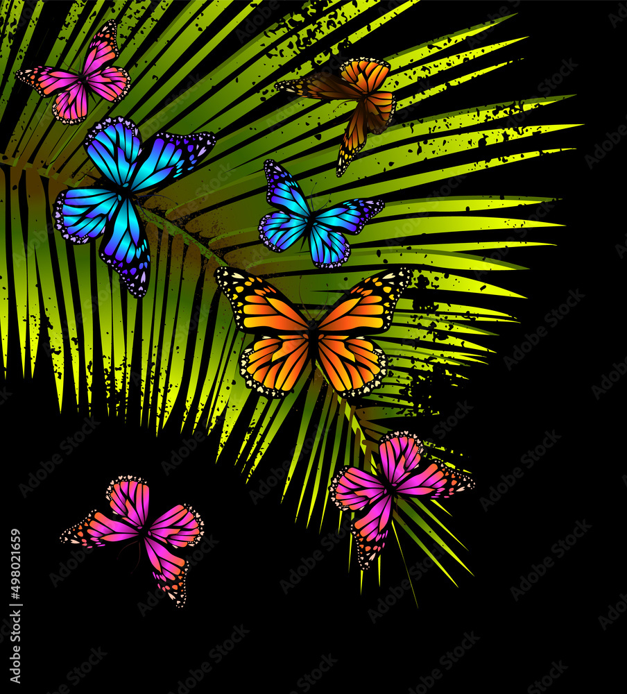 Palm leaf with butterflies. Vector illustration Palm leaf with butterflies. Vector illustration