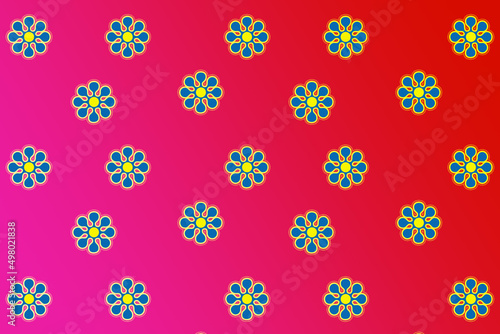 Pink-Red gradient wallpaper, with beautiful seamless pattern of of blue color flowers    