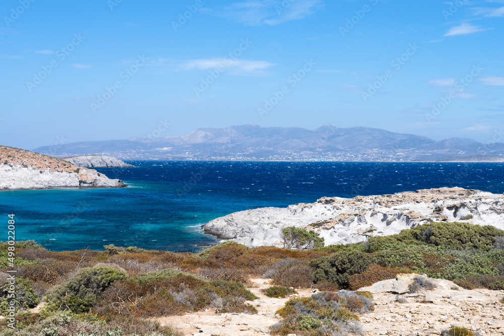 View over the sea and bay of Playa Punta. Antiparos Island, Cyclades of Greece.