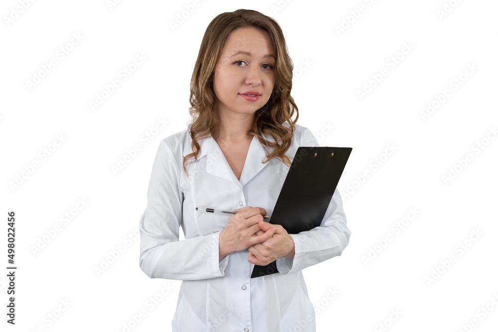 Portrait of a Nurse in a dressing gown with a tablet for documents in her hands. Isolated on white background Portrait of a Nurse in a dressing gown with a tablet for documents in her hands. Isolated on white background