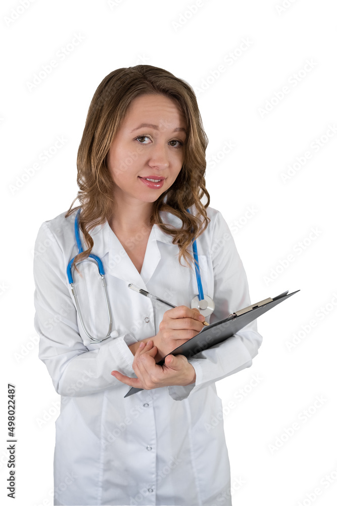 Portrait of a Nurse in a dressing gown with a tablet for documents in her hands Portrait of a Nurse in a dressing gown with a tablet for documents in her hands