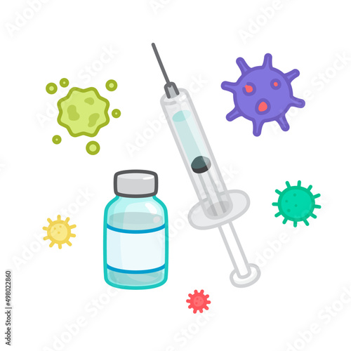 Syringes and vaccines in clear glass bottles kawaii doodle flat vector illustration