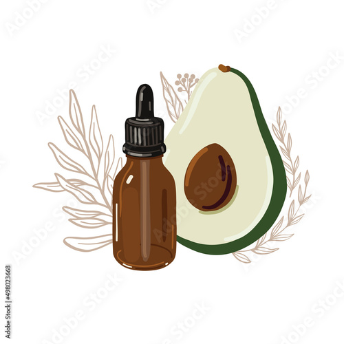 Avocado beauty oil in small vintage brown glass flask with dropper. Beauty product concept illustration.