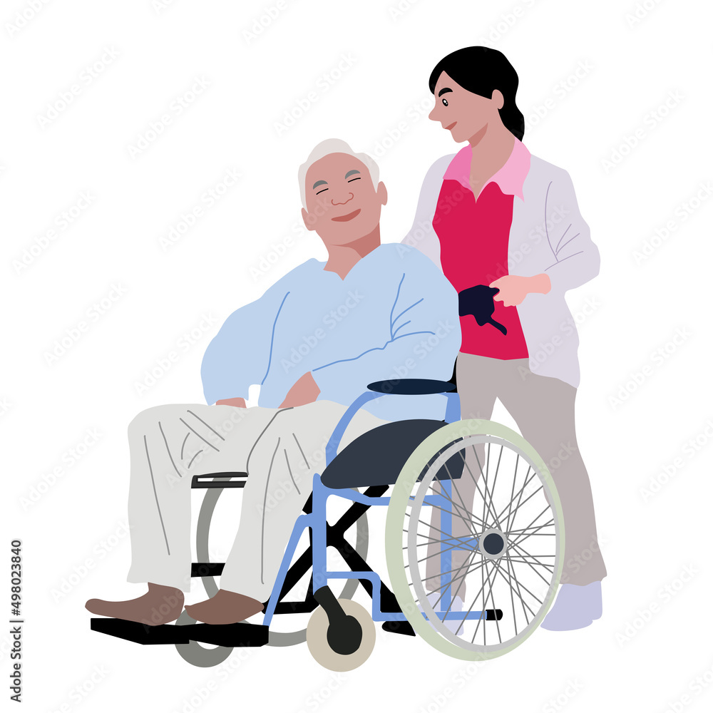 The old man on wheelchair is happy because he have a young girl take care . Wheelchair is a chair fitted with wheels for use as a means of transport by a person who is unable to walk.
