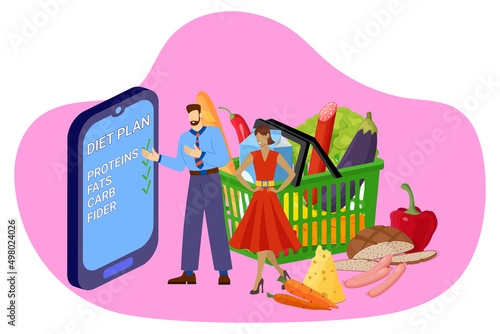 Diet plan.Proper nutrition planning.People are discussing the usefulness of proteins, carbohydrates, fats and fiber.