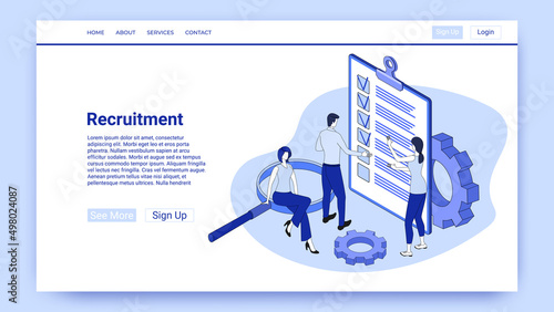 Recruitment of personnel.People study applicants' questionnaires.The illustration in the style of the landing page is blue.