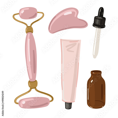 Face massage set, vector illustration. Face massager, cream and healing serum. Beauty product pink set. 