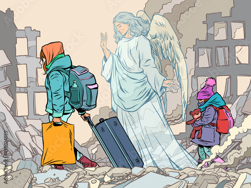 European refugee children and an angel in the ruins of city buildings. War and humanitarian crisis. Grief