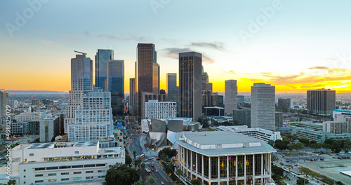 City of Los Angeles, panoramic cityscape skyline scenic, aerial view at sunset. Downtown cityscape of Lod Angeles.
