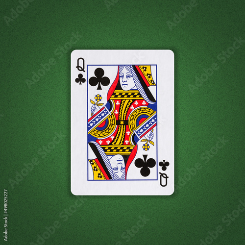 Queen of Clubs on a green poker background. Gamble. Playing cards.