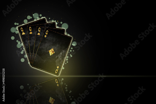 Fototapeta Naklejka Na Ścianę i Meble -  Four Queen, grunge cards in black background. Reflection. Copy Space. Poker background.Playing cards.
