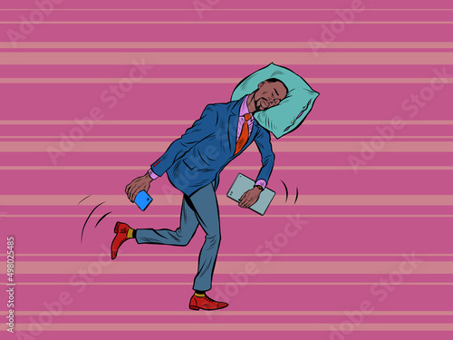 A tired African businessman sleeps on the move. Goes to work in the morning with his head on a pillow