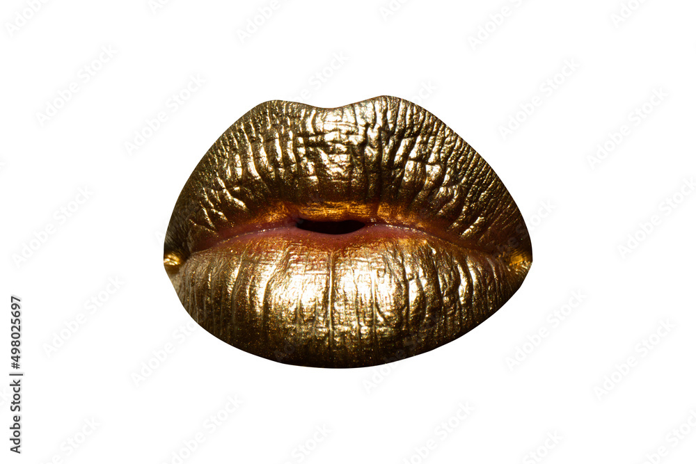Naklejka premium Gold lips, golden on sexy metallic mouth. Isolated white background. Lips icon. Lipstick kiss.