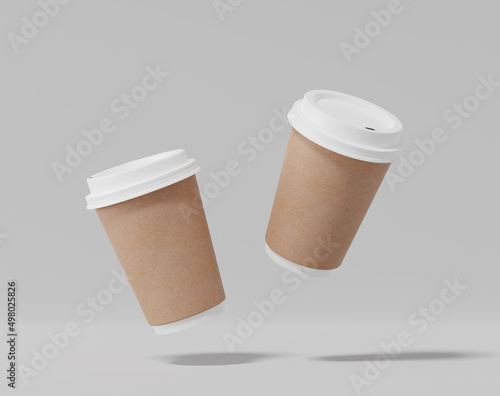 Kraft paper coffee cup mockup with lid, Realistic round package, 3d rendering, 3d illustration