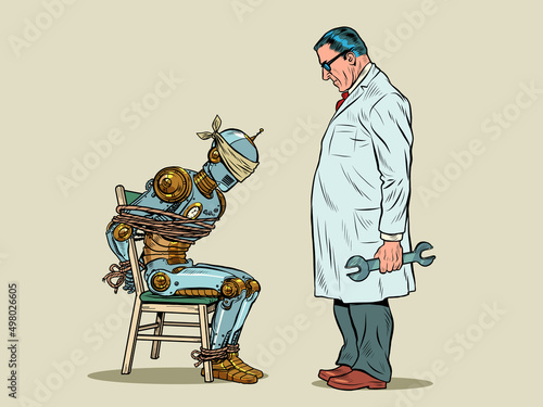 A scientist designer tortures and interrogates a prisoner robot. The robot is tied up and with its eyes closed. Captivity