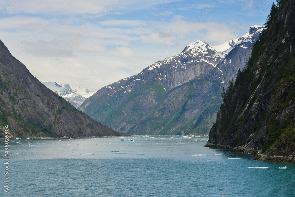 Landscape shot of snow capped mountains viewed from a cruise ship sailing round Alaska USA. A beautiful view and one that is under threat from global warming.