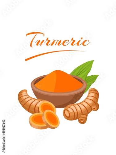 Turmeric or tumeric powder ( curcumin, Curcuma longa Linn ) in wooden bowl and kurkuma rhizome with leaf isolated on white background.