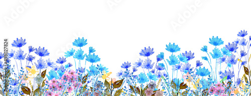 Banner decorativo con fiori colorati primaverili isolati su sfondo bianco