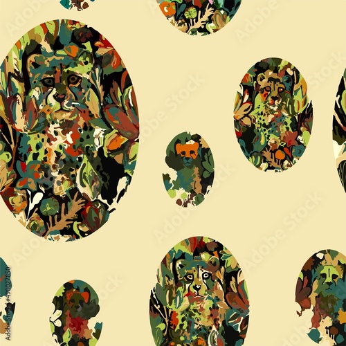 Beautiful tropical garden in the form of an oval, affectionate cheetah on a beige background, a  pattern for your design and interior